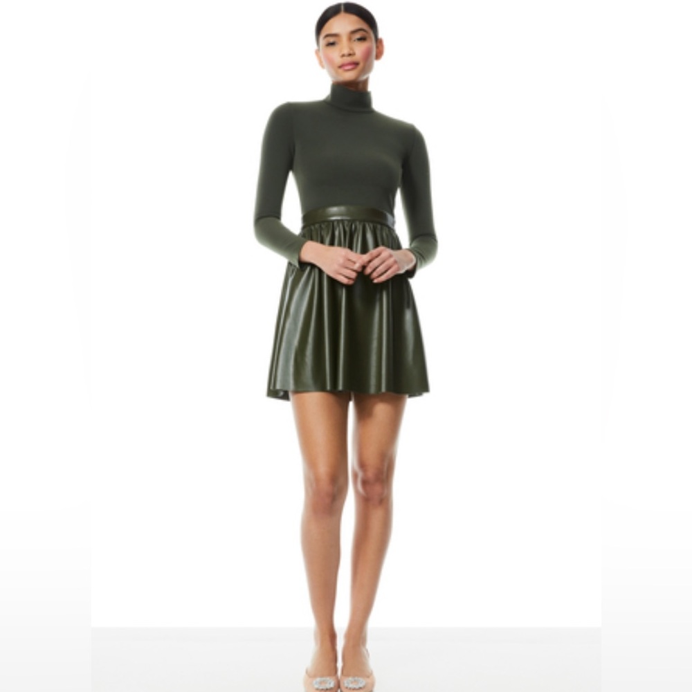 Alice + Olivia, Chara Vegan Leather Mini Dress (Olive), Size: 10